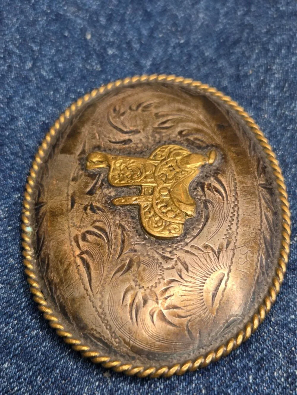 Vintage B-K Silversmith Hand Engraved Sterling Silver Front Saddle Belt Buckle